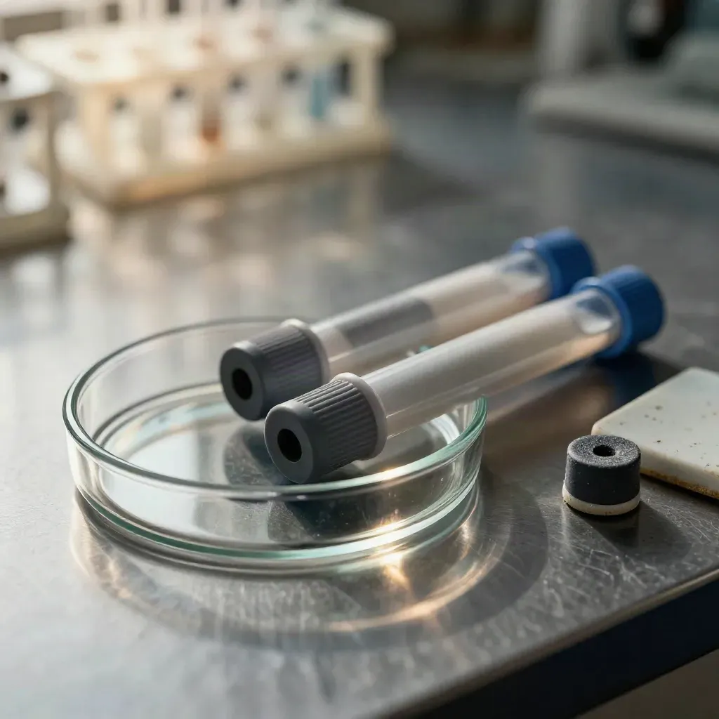 Szklane naczynia laboratoryjne i probówki na metalowej powierzchni, w chłodnym, napiętym świetle.
