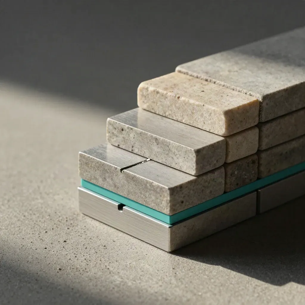 Makro modułowych bloków kamienia i aluminium z turkusowym łącznikiem na betonowym tle